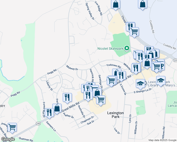 map of restaurants, bars, coffee shops, grocery stores, and more near 46489 Midway Drive in Lexington Park