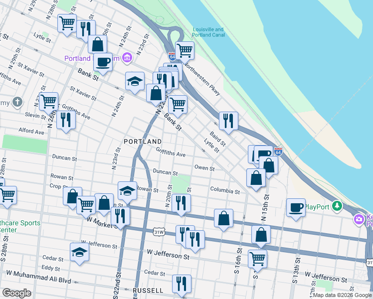 map of restaurants, bars, coffee shops, grocery stores, and more near 1921 Griffiths Avenue in Louisville