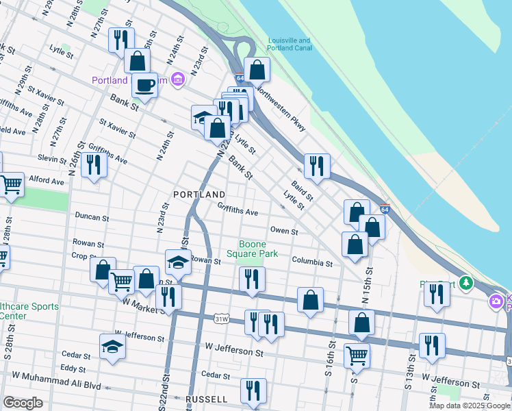 map of restaurants, bars, coffee shops, grocery stores, and more near 1921 Griffiths Avenue in Louisville