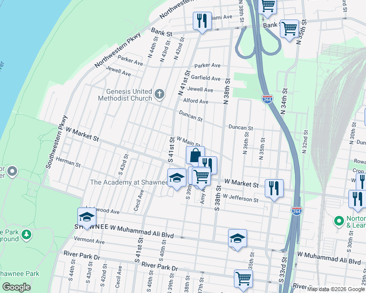 map of restaurants, bars, coffee shops, grocery stores, and more near 112 South 40th Street in Louisville