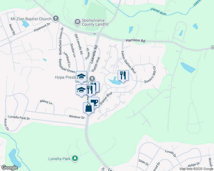 map of restaurants, bars, coffee shops, grocery stores, and more near 11132 Sunburst Lane in Fredericksburg