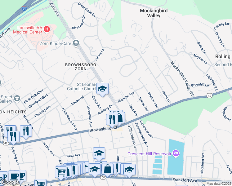 map of restaurants, bars, coffee shops, grocery stores, and more near 521 Zorn Avenue in Louisville