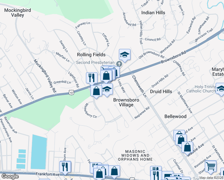 map of restaurants, bars, coffee shops, grocery stores, and more near 416 Sprite Road in Louisville