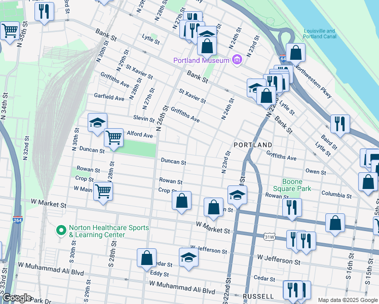 map of restaurants, bars, coffee shops, grocery stores, and more near 2502 Owen Street in Louisville