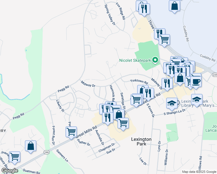 map of restaurants, bars, coffee shops, grocery stores, and more near 46489 Midway Drive in Lexington Park
