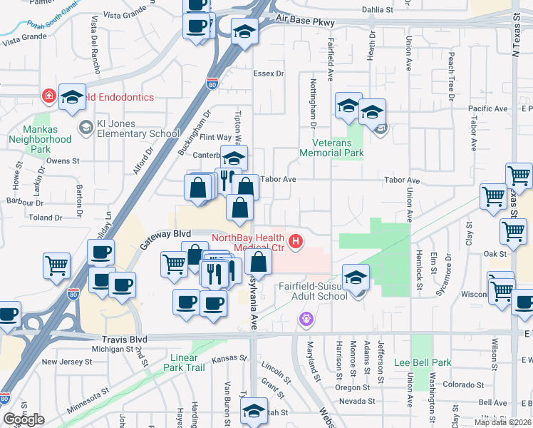 map of restaurants, bars, coffee shops, grocery stores, and more near 1943 Bristol Lane in Fairfield