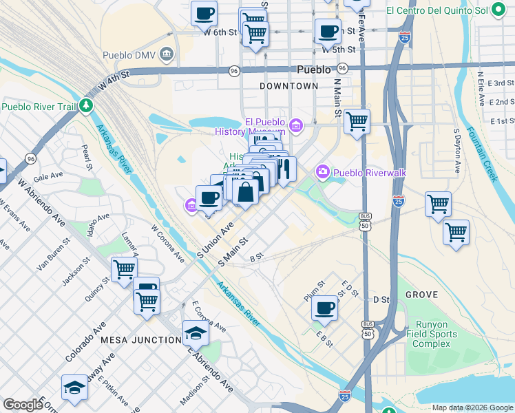 map of restaurants, bars, coffee shops, grocery stores, and more near 201 South Main Street in Pueblo
