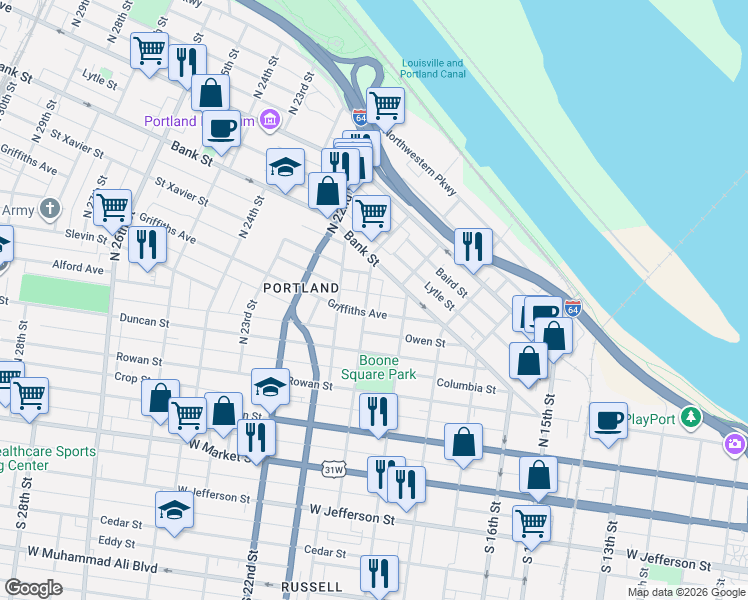 map of restaurants, bars, coffee shops, grocery stores, and more near 1921 Griffiths Avenue in Louisville