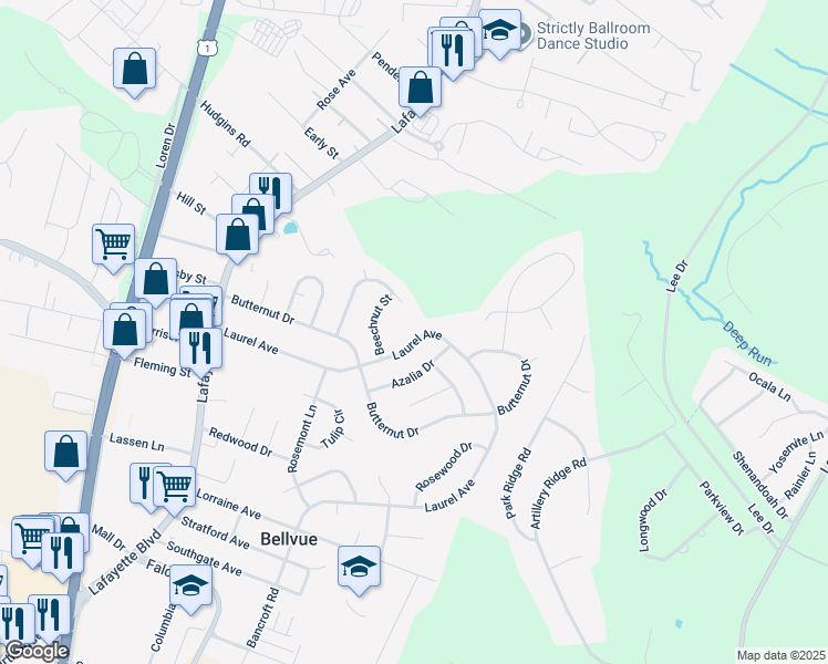 map of restaurants, bars, coffee shops, grocery stores, and more near 315 Laurel Avenue in Fredericksburg