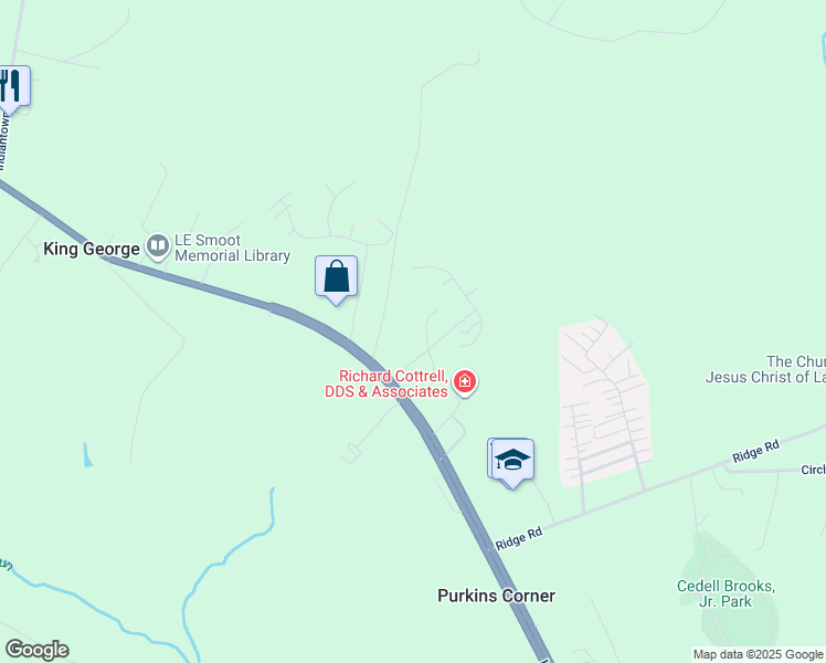 map of restaurants, bars, coffee shops, grocery stores, and more near 10480 Karen Court in King George