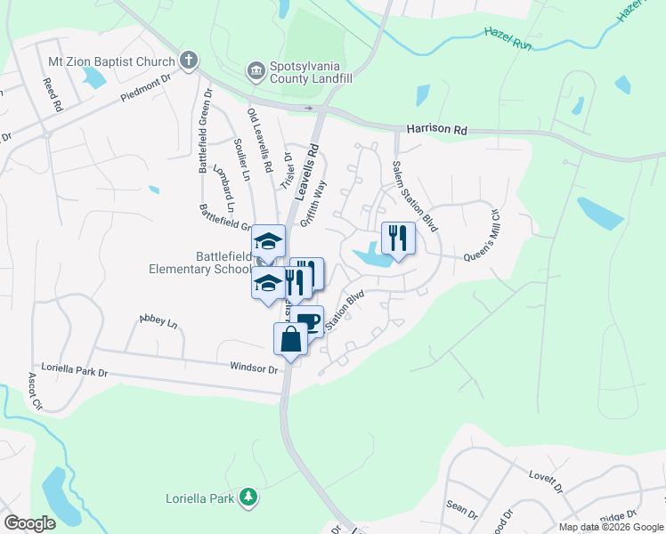 map of restaurants, bars, coffee shops, grocery stores, and more near 11134 Sunburst Lane in Fredericksburg