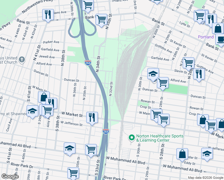 map of restaurants, bars, coffee shops, grocery stores, and more near 200 North 32nd Street in Louisville