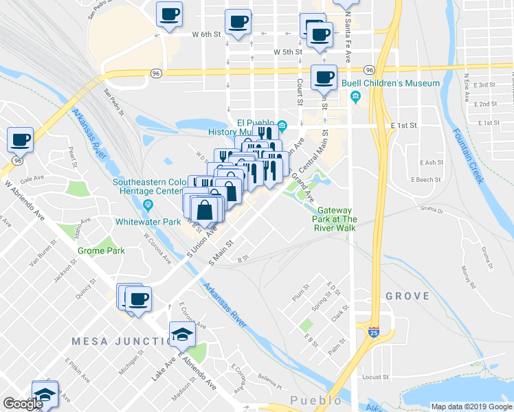 map of restaurants, bars, coffee shops, grocery stores, and more near 201 South Main Street in Pueblo