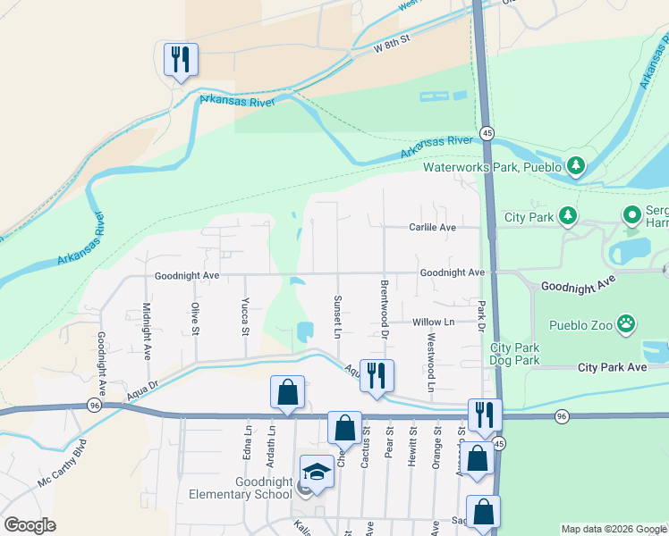 map of restaurants, bars, coffee shops, grocery stores, and more near 4104 Goodnight Ave in Pueblo