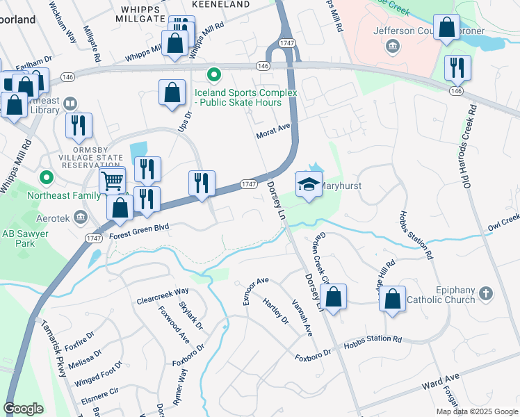 map of restaurants, bars, coffee shops, grocery stores, and more near 10350 Ormsby Park Place in Louisville