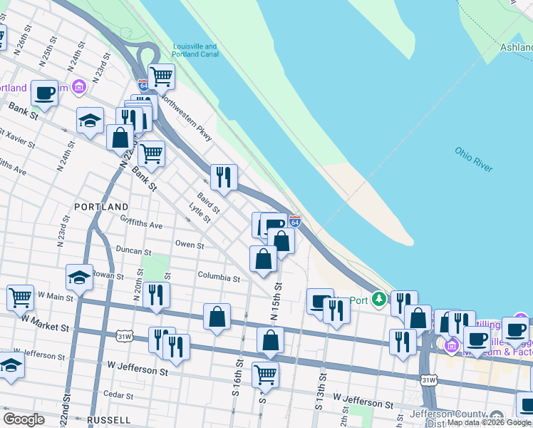 map of restaurants, bars, coffee shops, grocery stores, and more near 1614 Northwestern Parkway in Louisville