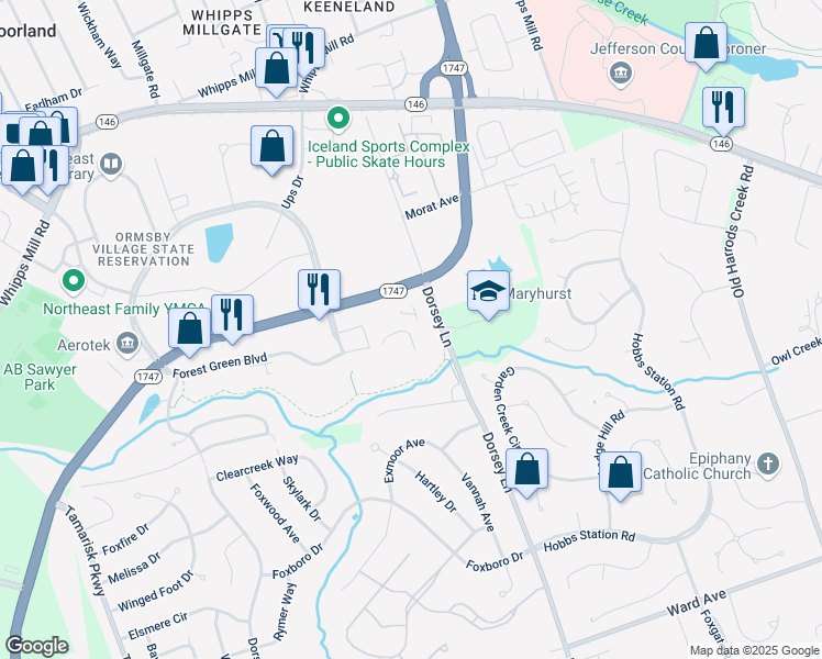 map of restaurants, bars, coffee shops, grocery stores, and more near 10350 Ormsby Park Place in Louisville