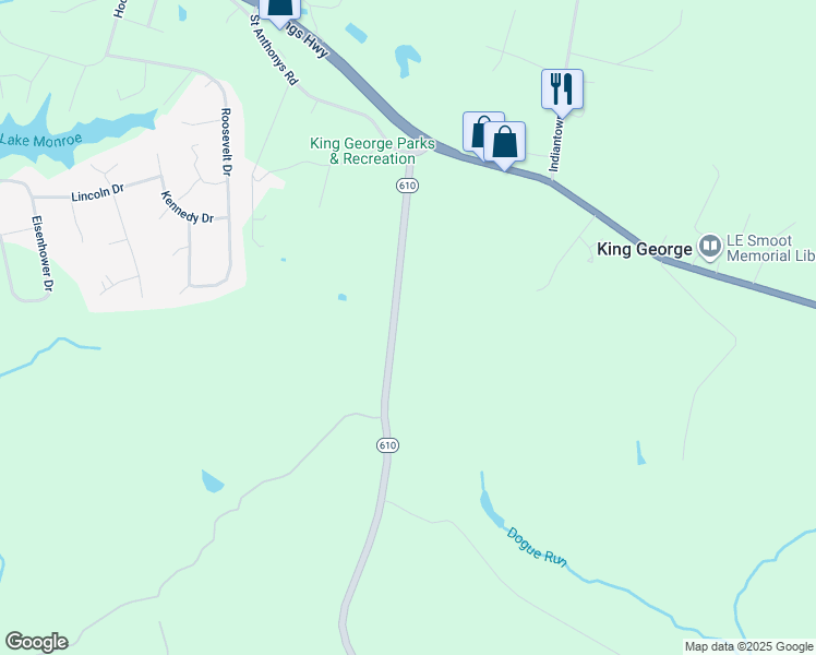 map of restaurants, bars, coffee shops, grocery stores, and more near 10487 Millbank Road in King George