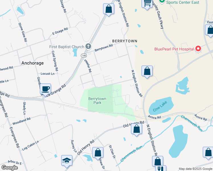 map of restaurants, bars, coffee shops, grocery stores, and more near Heafer Road in Louisville