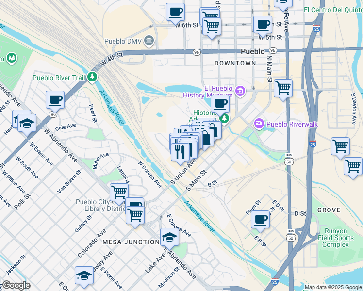 map of restaurants, bars, coffee shops, grocery stores, and more near 310 South Victoria Avenue in Pueblo