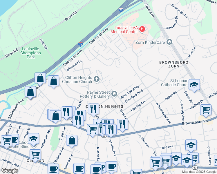 map of restaurants, bars, coffee shops, grocery stores, and more near 606 North Hite Avenue in Louisville