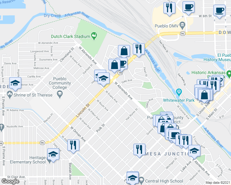map of restaurants, bars, coffee shops, grocery stores, and more near 115 Tyler Street in Pueblo