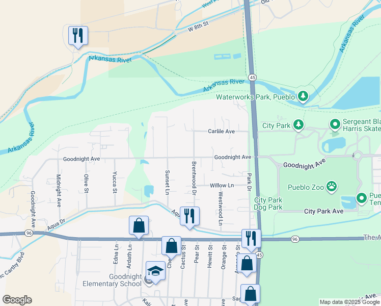 map of restaurants, bars, coffee shops, grocery stores, and more near 300-320 Brentwood Drive in Pueblo