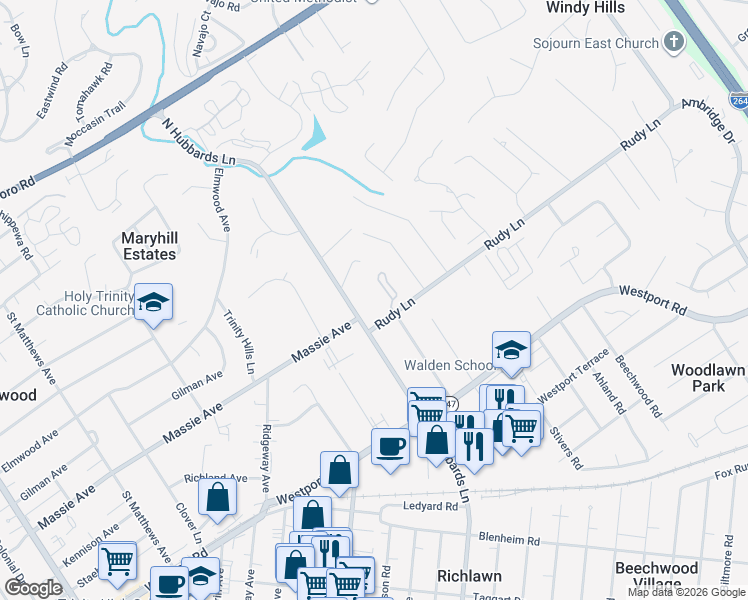 map of restaurants, bars, coffee shops, grocery stores, and more near 403 North Hubbards Lane in Louisville