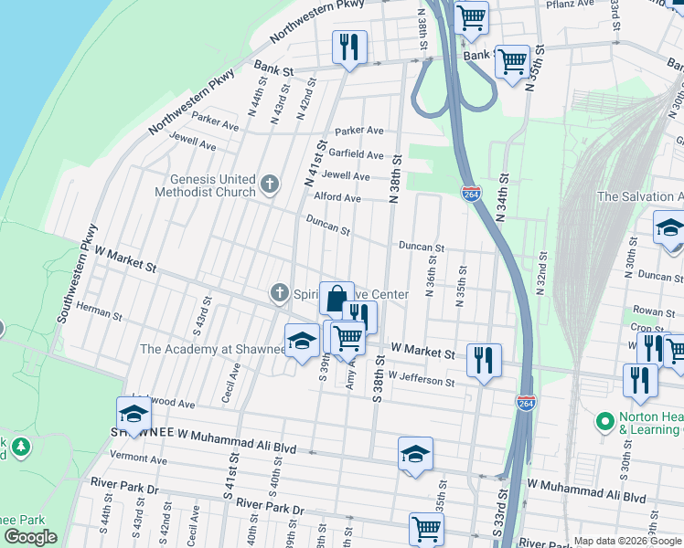 map of restaurants, bars, coffee shops, grocery stores, and more near 102 South 39th Street in Louisville