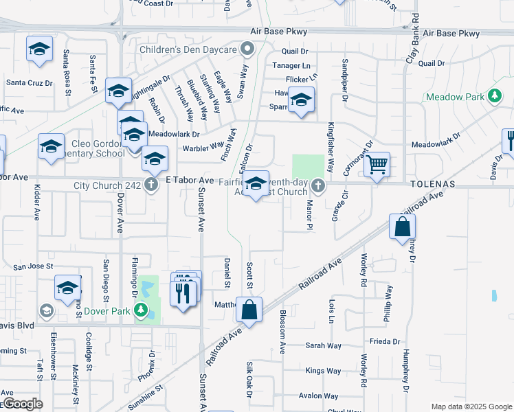 map of restaurants, bars, coffee shops, grocery stores, and more near 1975 Blossom Avenue in Fairfield
