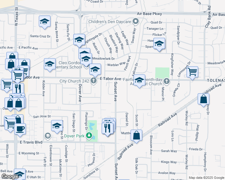 map of restaurants, bars, coffee shops, grocery stores, and more near 855 East Tabor Avenue in Fairfield