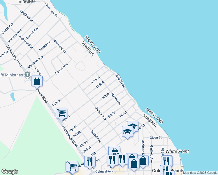 map of restaurants, bars, coffee shops, grocery stores, and more near 56 9th Street in Colonial Beach