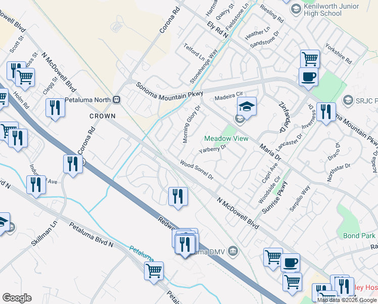 map of restaurants, bars, coffee shops, grocery stores, and more near 1502 Yarberry Drive in Petaluma