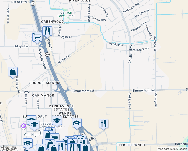 map of restaurants, bars, coffee shops, grocery stores, and more near 10657 Simmerhorn Road in Galt