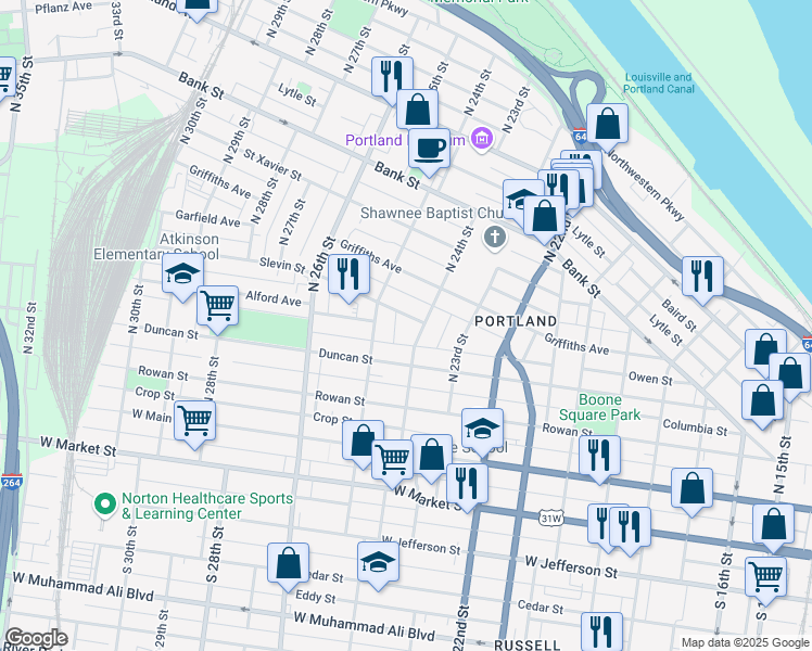 map of restaurants, bars, coffee shops, grocery stores, and more near 2410 Slevin Street in Louisville