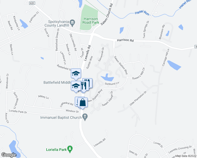 map of restaurants, bars, coffee shops, grocery stores, and more near 11136 Sunburst Lane in Fredericksburg