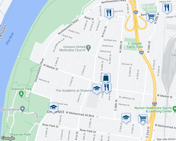 map of restaurants, bars, coffee shops, grocery stores, and more near 114 Boston Court in Louisville