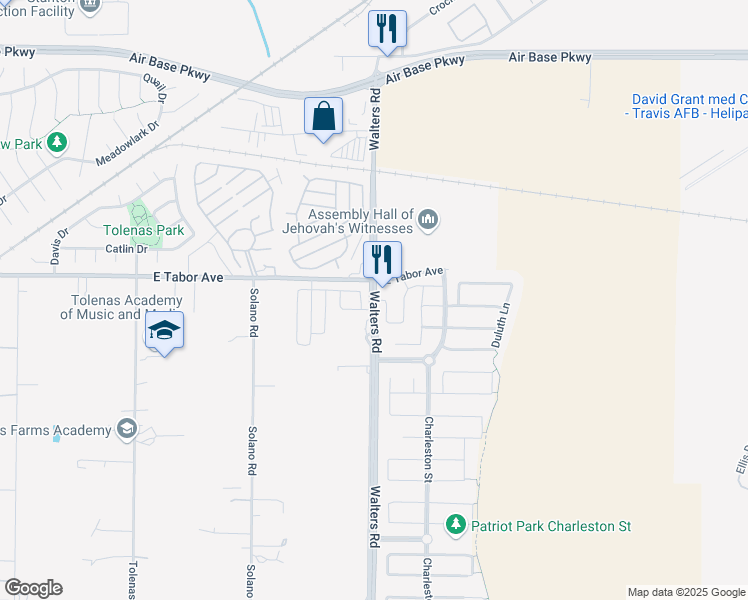map of restaurants, bars, coffee shops, grocery stores, and more near Stoneman Drive & Walters Rd in Fairfield