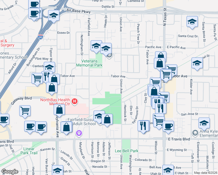 map of restaurants, bars, coffee shops, grocery stores, and more near 1848 Winchester Court in Fairfield