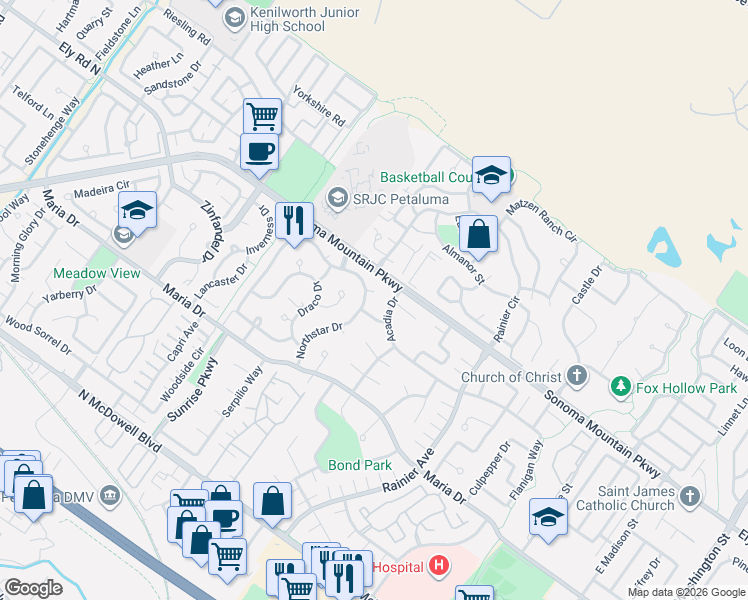 map of restaurants, bars, coffee shops, grocery stores, and more near 542 Benbo Drive in Petaluma