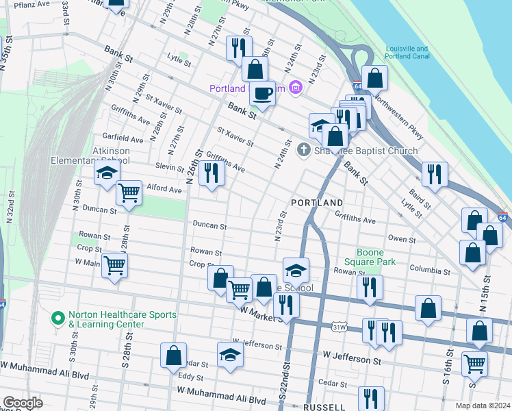 map of restaurants, bars, coffee shops, grocery stores, and more near 332 North 24th Street in Louisville