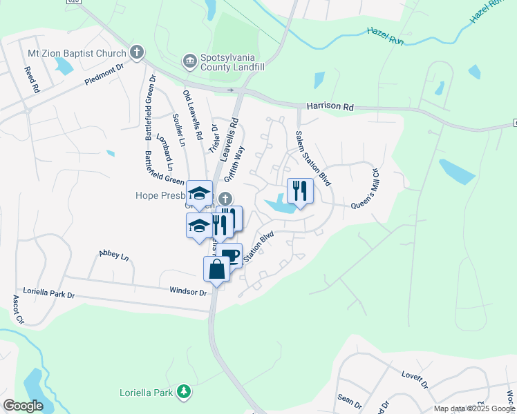 map of restaurants, bars, coffee shops, grocery stores, and more near 11136 Sunburst Lane in Fredericksburg