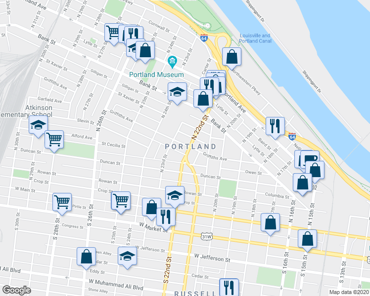 map of restaurants, bars, coffee shops, grocery stores, and more near 2204 Griffiths Avenue in Louisville