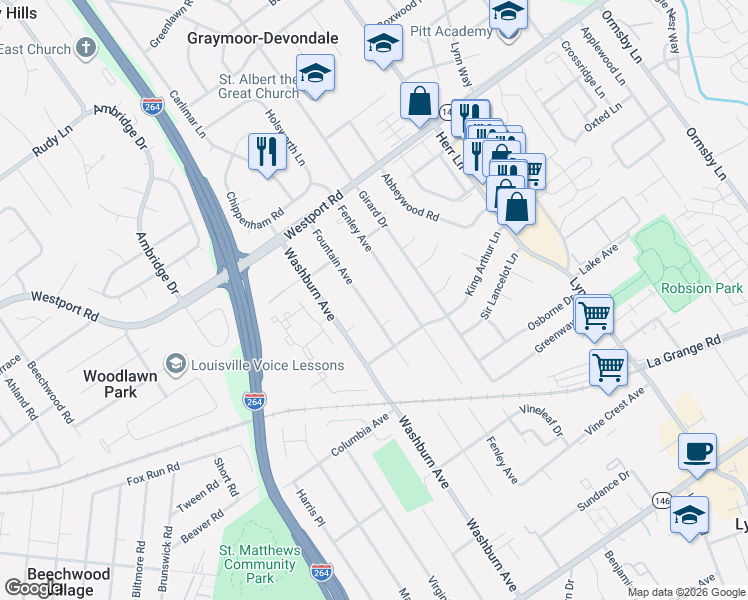 map of restaurants, bars, coffee shops, grocery stores, and more near 831 Fountain Avenue in Louisville