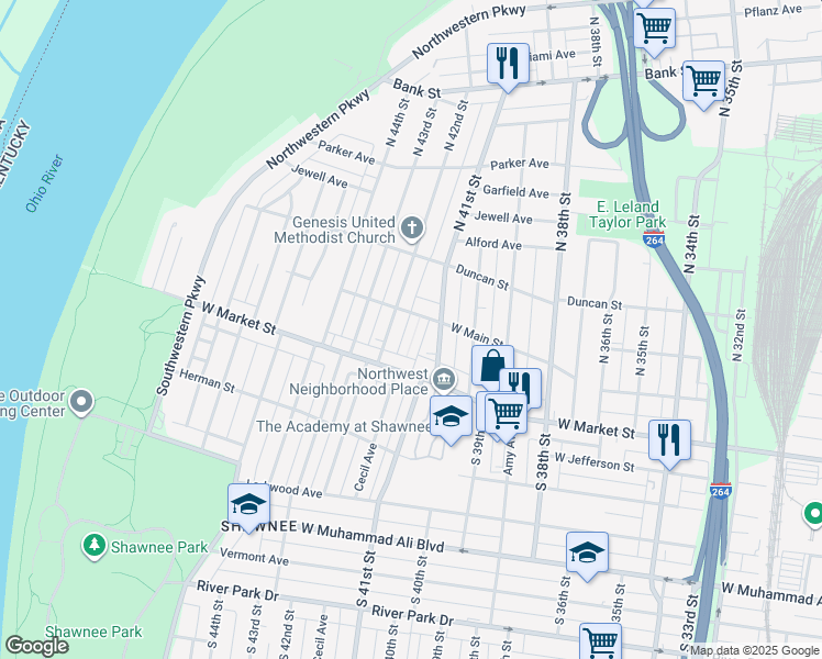 map of restaurants, bars, coffee shops, grocery stores, and more near 4109 West Main Street in Louisville