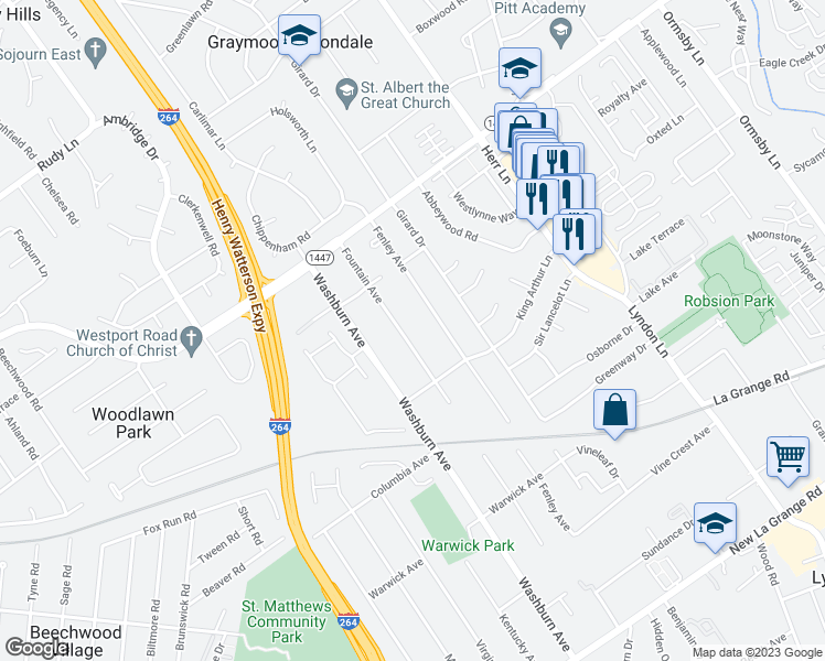 map of restaurants, bars, coffee shops, grocery stores, and more near 831 Fountain Avenue in Louisville