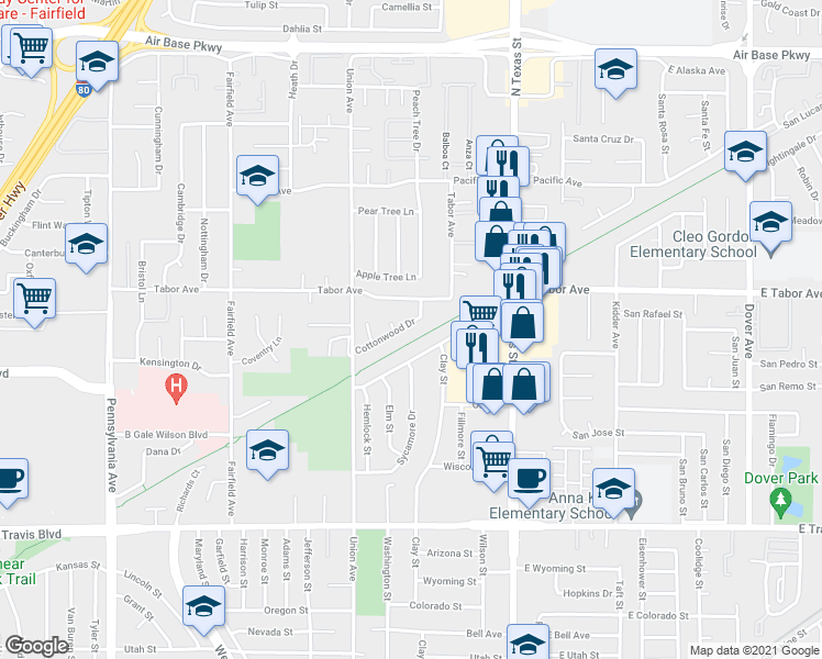 map of restaurants, bars, coffee shops, grocery stores, and more near 489 Cottonwood Drive in Fairfield