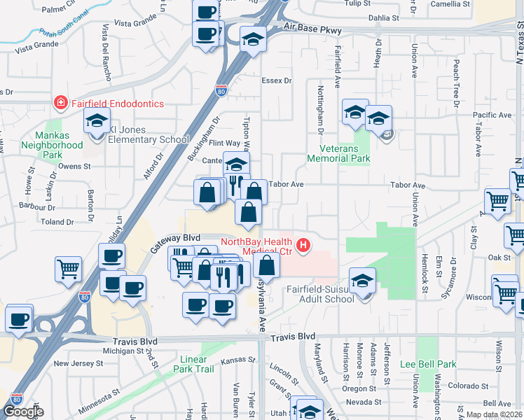 map of restaurants, bars, coffee shops, grocery stores, and more near 1990 Pennsylvania Avenue in Fairfield