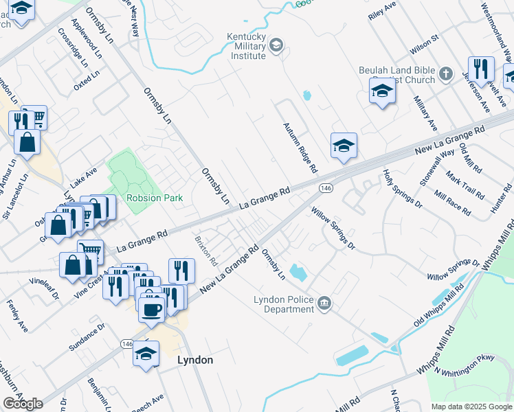map of restaurants, bars, coffee shops, grocery stores, and more near 8307 La Grange Road in Louisville