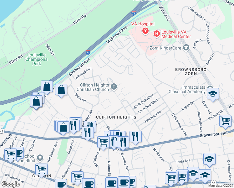map of restaurants, bars, coffee shops, grocery stores, and more near 721 North Hite Avenue in Louisville